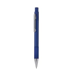 A blue metal pen with a silver clip and a textured grip, featuring a logo on its body.