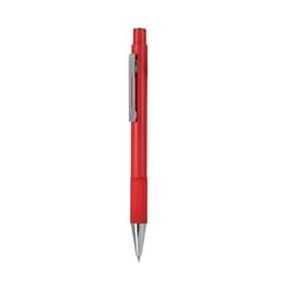 A red metal pen with a chrome clip and textured grip, featuring a sleek design. It has a logo on the barrel.