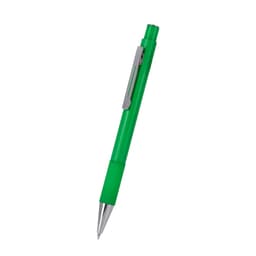 A green metal pen with a silver clip, featuring a sleek design. It has a branding logo on the body.