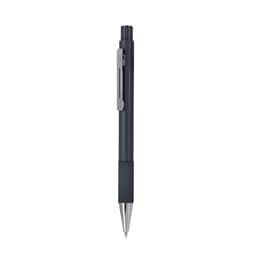 A metal pen in dark blue with a silver clip and ribbed grip, featuring a branding logo.