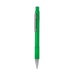A green metal pen with a silver clip and a smooth tip, featuring a logo.