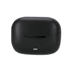 A pair of black wireless earbuds in a compact charging case, featuring a logo on the front.