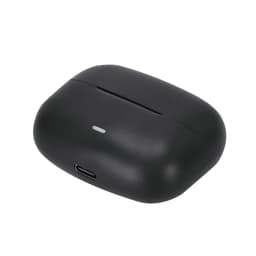 A pair of black wireless earbuds with a charging case, featuring a sleek design and a USB-C port.