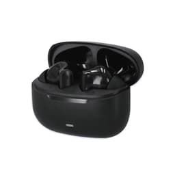 A pair of black wireless earbuds in a charging case, featuring a logo on the case.
