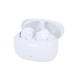 Wireless earbuds in a white charging case, featuring a simple design and an enclosed compartment for storage.
