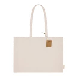 A pale beige tote bag with long handles and a tag attached, featuring a plain design.