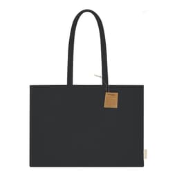 A black tote bag with long handles and a tag attached. The bag has a smooth and simple design.