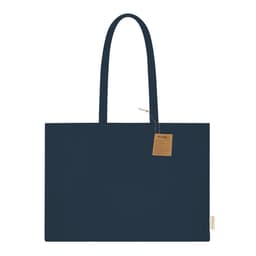 A navy tote bag with two handles and a tag attached, featuring a simple and sleek design.