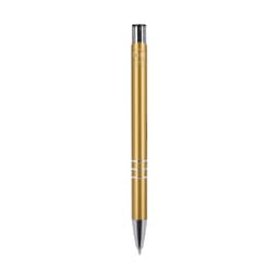 A metal pen in a sleek gold finish with silver detailing and a logo on the upper barrel.