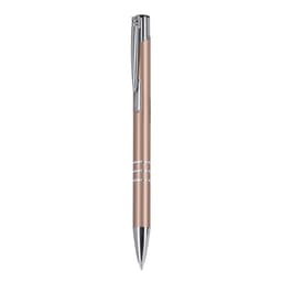 A metal pen in a rose gold finish with silver accents and a branded logo.