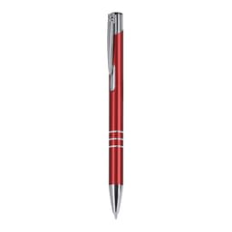A red metal pen with silver accents and a clip, featuring two decorative silver bands.