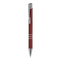 A metal pen in a deep red colour with silver accents and a shiny clip, featuring a branding logo.