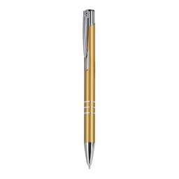 A metal pen in a gold finish with silver accents and a clip. It features subtle design lines on the barrel.