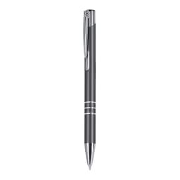 A metal pen in black with silver accents and a clip, featuring a logo at the top.