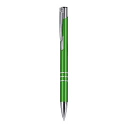 A green metal pen with silver accents and a logo on the clip.