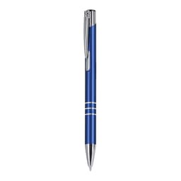 A blue metal pen with silver accents and a clip. It features two silver stripes along the barrel.