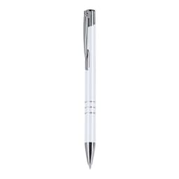 A metal pen featuring a white body and chrome accents, with a logo on its side.