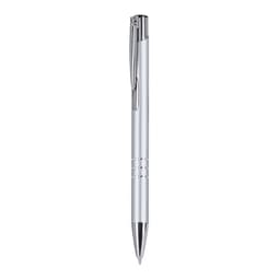 A metal pen with a shiny silver finish and a chrome clip, featuring a sleek design and branding.