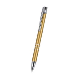 A metallic gold pen with silver accents and a clip, featuring a sleek design and a branding logo.