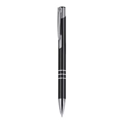 A metal pen with a black body and silver accents, featuring a clip and a logo.