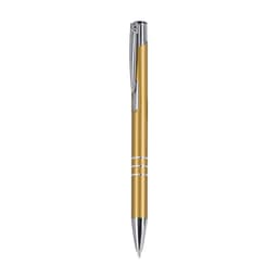 A metal pen with a gold finish and silver accents, featuring a clip and a branding logo.