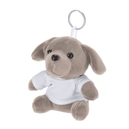A grey plush dog keyring with a white shirt and a metal keychain.