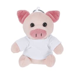 A plush pig keyring with a white shirt, featuring pink ears and a snout, and black button eyes.