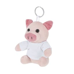 A plush keyring of a pink pig wearing a white shirt, featuring a metal keychain attachment.