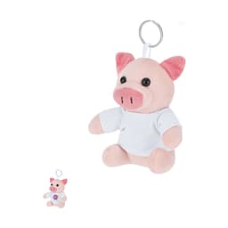 A plush keyring featuring a cute pink pig with a white shirt and a silver keyring attachment.