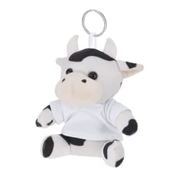 A plush keyring featuring a black and white cow wearing a white T-shirt, attached to a metal keyring.