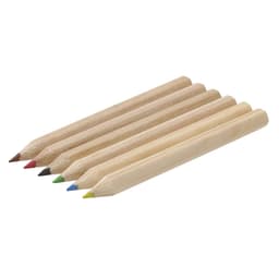 A set of six coloured pencils in red, black, blue, green, yellow, and brown, featuring a natural wood finish.