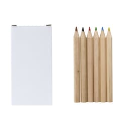 A box containing six coloured pencils in red, green, yellow, black, and natural wood tones.