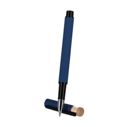 A blue Prucek Roller pen with a black nib and a wooden cap, featuring a logo on the barrel.