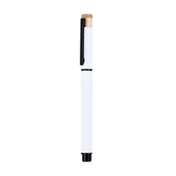A white pen with a black clip and a wooden top. Features a branding logo.