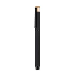 A black pen with a bamboo accent and black clip, featuring a sleek and minimalist design.