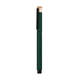 A green pen with a black clip and a bamboo top. It features a brand logo on the side.