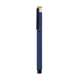 A blue pen with a bamboo top and a black clip. The pen has a sleek, minimalist design and features a logo.