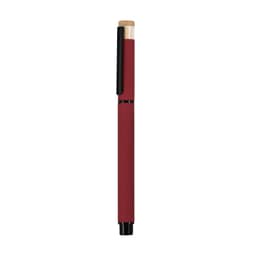 A burgundy pen with a bamboo top and a black clip, featuring a sleek design and a logo.