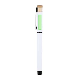 A white pen with a black clip and green accent, featuring a wooden top. It also has a logo.