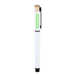 A white pen with a green accent and a wooden cap, featuring a black clip and a rounded tip.