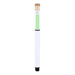 A white roller pen with a green section and a wooden cap, featuring a logo near the top.