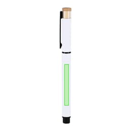 A white pen with a black clip and a green accent, featuring a wooden tip and a logo.