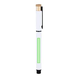A white pen with a black clip and a green highlight section, featuring a wooden cap on one end.