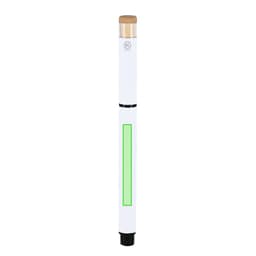 A slim white roller pen with a bamboo top, featuring a vibrant green highlighting section and a logo.