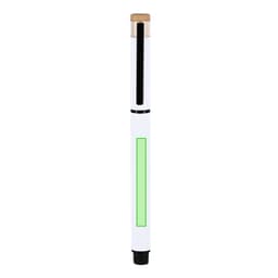 A white pen with a black top and a green highlight, featuring a logo on the body.
