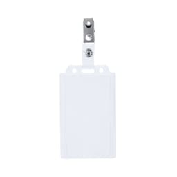 A white name badge holder with a metal clip and a rectangular design. It features a transparent front for displaying IDs.