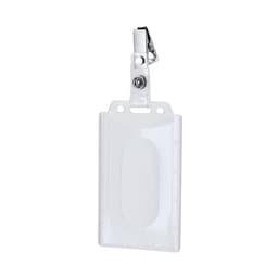 A clear plastic name badge holder with a clip for attachment, featuring a simple rectangular design.