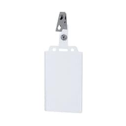 A clear plastic name badge holder with a clip at the top for attachment. The holder is unfilled and versatile.