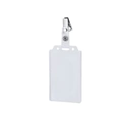 A transparent name badge holder with a clip for attachment. It features a clear protective cover and a simple design.