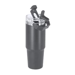A drink bottle in matte grey with a transparent lid and a clip handle, featuring a logo. Ideal for keeping beverages insulated.